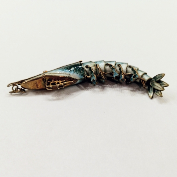 Antique RARE Silver Guilloche Enamel Articulated Shrimp Prawn Pendant - Picture 9 of 10